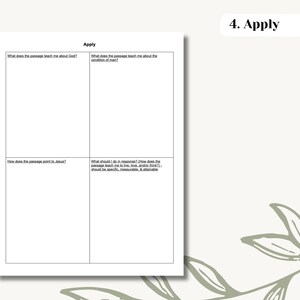 May include: A printable worksheet with the title "Apply" and four blank boxes. The boxes are labeled with questions about applying a passage of scripture to one's life. The questions are: "What does the passage teach me about God?", "What does the passage teach me about the condition of man?", "How does the passage point to Jesus?", and "What should I do in response? (How does the passage teach me to live, love, and/or think? This should be specific, measurable, & attainable)".