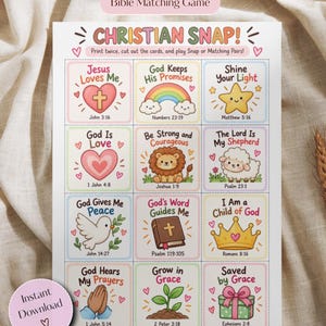 May include: A printable Christian Snap Bible matching game sheet featuring twelve colorful squares with illustrations and scripture references, including a heart, rainbow, star, lion, lamb, dove, Bible, crown, praying hands, plant, and gift box.