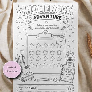 Homework Tracker Printable for Kids | Homework Reward Chart | Colouring Activity | School Motivation | Teacher & Homeschool PDF
