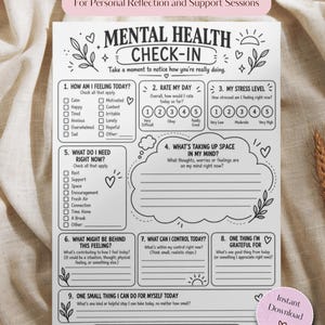 May include: A white paper mental health check-in worksheet with black text and line art illustrations. The document includes nine numbered sections with checkboxes, rating scales, and writing prompts for personal reflection and emotional tracking.
