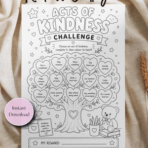 Könnte beinhalten: Eine schwarz-weiße, ausdruckbare Malvorlage mit dem Titel Acts of Kindness Challenge, die einen Baum mit herzförmigen Blättern zeigt, von denen jedes eine Aufgabe zur Freundlichkeit enthält. Mit Teddybär und Topfpflanze.