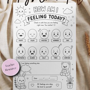 Op de afbeelding: Een zwart-wit Feelings Check-In werkblad met de tekst How Am I Feeling Today? en tien cirkelvormige iconen die verschillende emoties weergeven zoals blij, kalm, opgewonden, bezorgd, verdrietig, gefrustreerd, bang, gek, moe en verward.