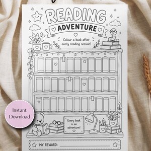 May include: A black and white printable reading tracker coloring page featuring a bookshelf with empty book spines, a teddy bear, potted plants, and a lamp. The text reads Reading Adventure, Colour a book after every reading session, Every book is an adventure, and My Reward.