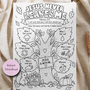 Jesus lämnar mig aldrig-aktivitet för barn | Utskrivbar kristen höst | Söndagsskoleaktivitet för hösten | Hebreerbrevet 13:5 Bibelarbetsblad