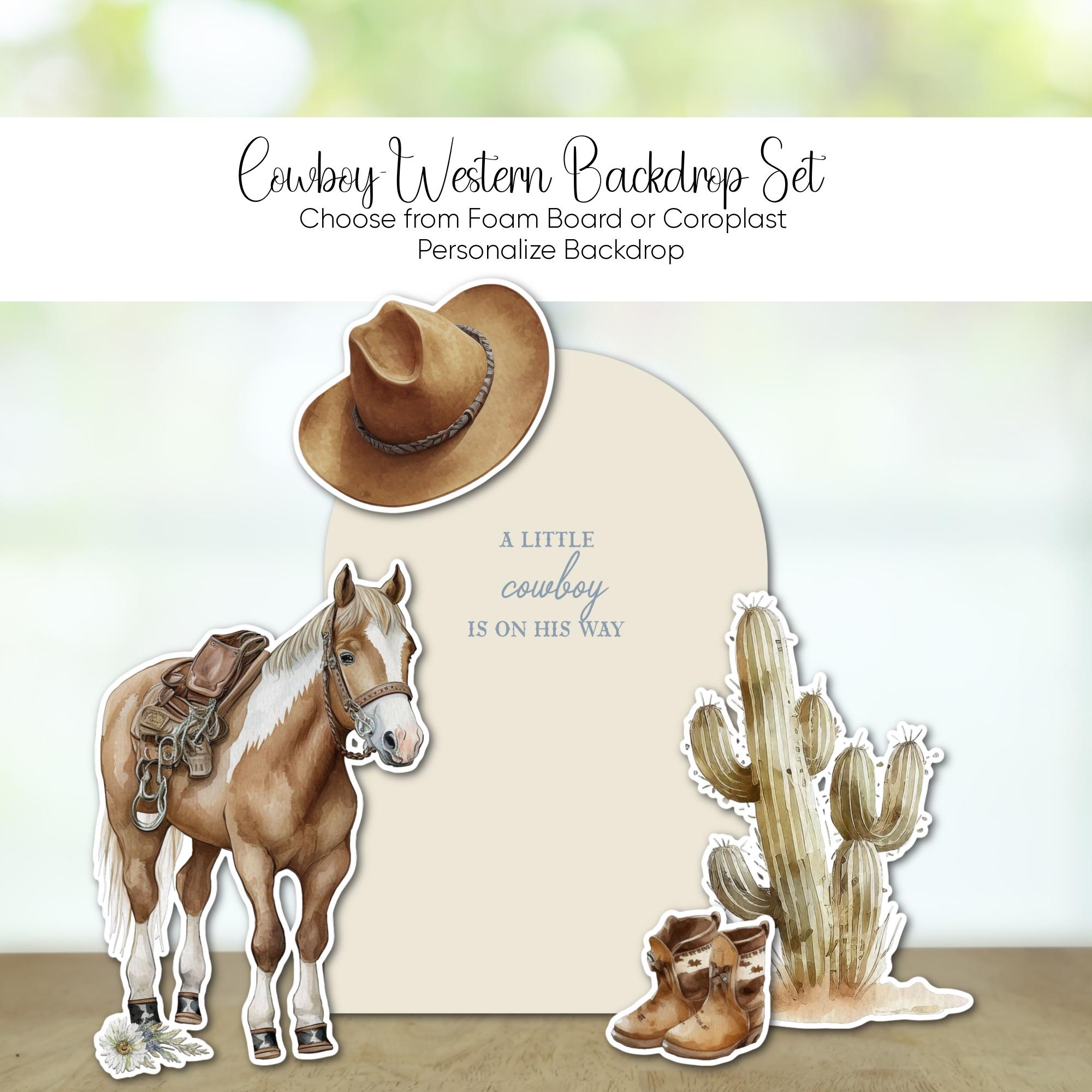 Cowboy Baby Shower Backdrop – Western Party Decor – Rustic Cowboy Birthday – Horse, Cactus & Boots Props – Personalized Backdrop