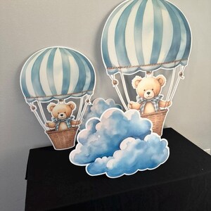 Blue Teddy Bear Baby Shower Cutouts: Hot Air Balloon & Airplane Decor ...