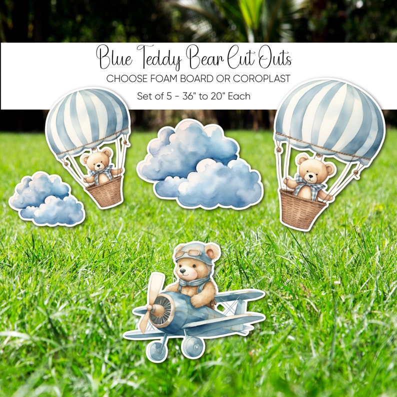 Blue Teddy Bear Baby Shower Cutouts: Hot Air Balloon & Airplane Decor ...
