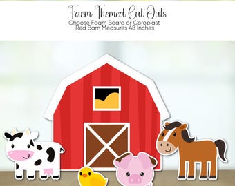 Farm Animal Cutouts: Red Barn, Cow, Pig, Horse, Chick - Party Props