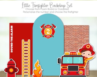 Little Firefighter Personalized Backdrop Set, Fireman Birthday Props and Backdrop