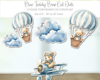 Blue Teddy Bear Baby Shower Cutouts: Hot Air Balloon & Airplane Decor - Set of 5