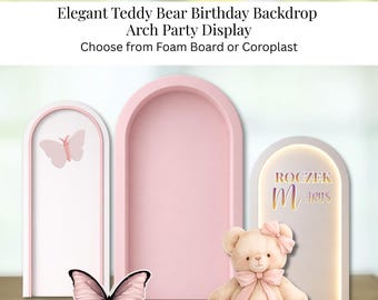 Elegant Teddy Bear Arch Backdrop Set | Soft Pink Birthday Display | Personalized Baby Party Decor
