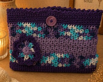 Crocheted Floral Clutch Bag | Boho Purple Pouch, Lavender Accents, Button Closure