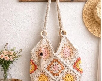 Boho Granny Square Crochet Shoulder Tote, Neutral Fall Colors, Wooden Bead Tassel