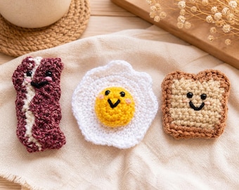 Crochet Breakfast Magnets – Bacon, Toast, Egg – Handmade Kitchen Decor (Set of 3)
