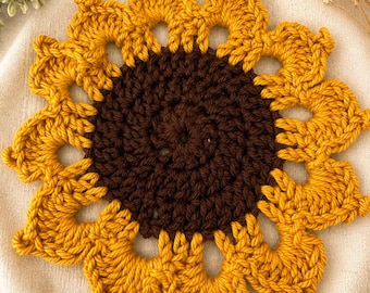 Handmade Crochet Sunflower Coasters Set | Rustic Farmhouse Boho Kitchen Decor