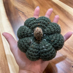 May include: A green crocheted pumpkin with a brown stem. The pumpkin is made with a textured yarn and has a slightly bumpy surface.