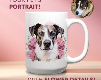 May include: White ceramic mug with a watercolor illustration of a dog with brown and white fur surrounded by pink flowers. The text "YOUR PET'S PORTRAIT!" is at the top of the mug and "WITH FLOWER DETAILS!" is at the bottom.