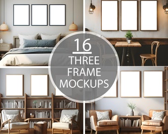 May include: A set of 16 three-frame mockups featuring various interior design settings. The mockups showcase different styles and arrangements of frames, including a bedroom, a living room, and a dining area. The frames are empty, allowing for the display of artwork, photographs, or other visual elements.