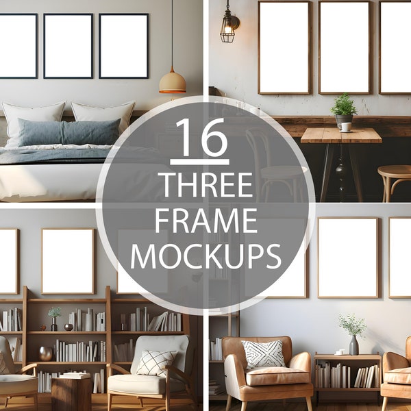 16 Three Frame Mockup Set, Interior Posters, JPG, Smart Canva Template, Print Office Showroom, Boho Mockup, Interior Mockups, Styled Mockups