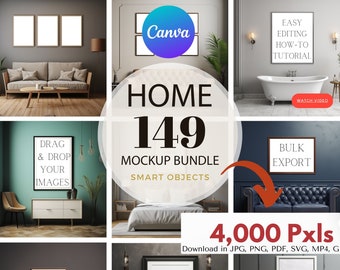 May include: A mockup bundle of 149 home decor mockups with smart objects. The mockups feature various rooms, including a living room, bedroom, and bathroom. The text "EASY EDITING HOW-TO TUTORIAL" and "WATCH VIDEO" are visible in the image. The text "DRAG & DROP YOUR IMAGES" and "BULK EXPORT" are also visible in the image. The mockups are 4,000 pixels in size and can be downloaded in JPG, PNG, PDF, SVG, MP4, and GIF formats.