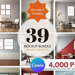 May include: A mockup bundle of 39 interior design frames with movable frames and smart objects. The frames are in various sizes and styles, and they are perfect for showcasing your artwork, photos, or other designs. The bundle includes a variety of backgrounds, including a white wall, a blue wall, and a red wall. The frames are 4,000 pixels in size and can be downloaded in JPG, PNG, PDF, SVG, MP4, and GIF formats.