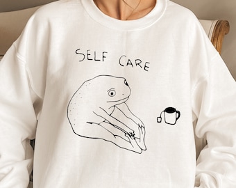 Funny Frog Self Care Sweatshirt Funny Frog Self Care Retro Hoodie, Birthday Gift For Her, Cottagecore Frog Sweatshirt, Positive Vibe Sweater