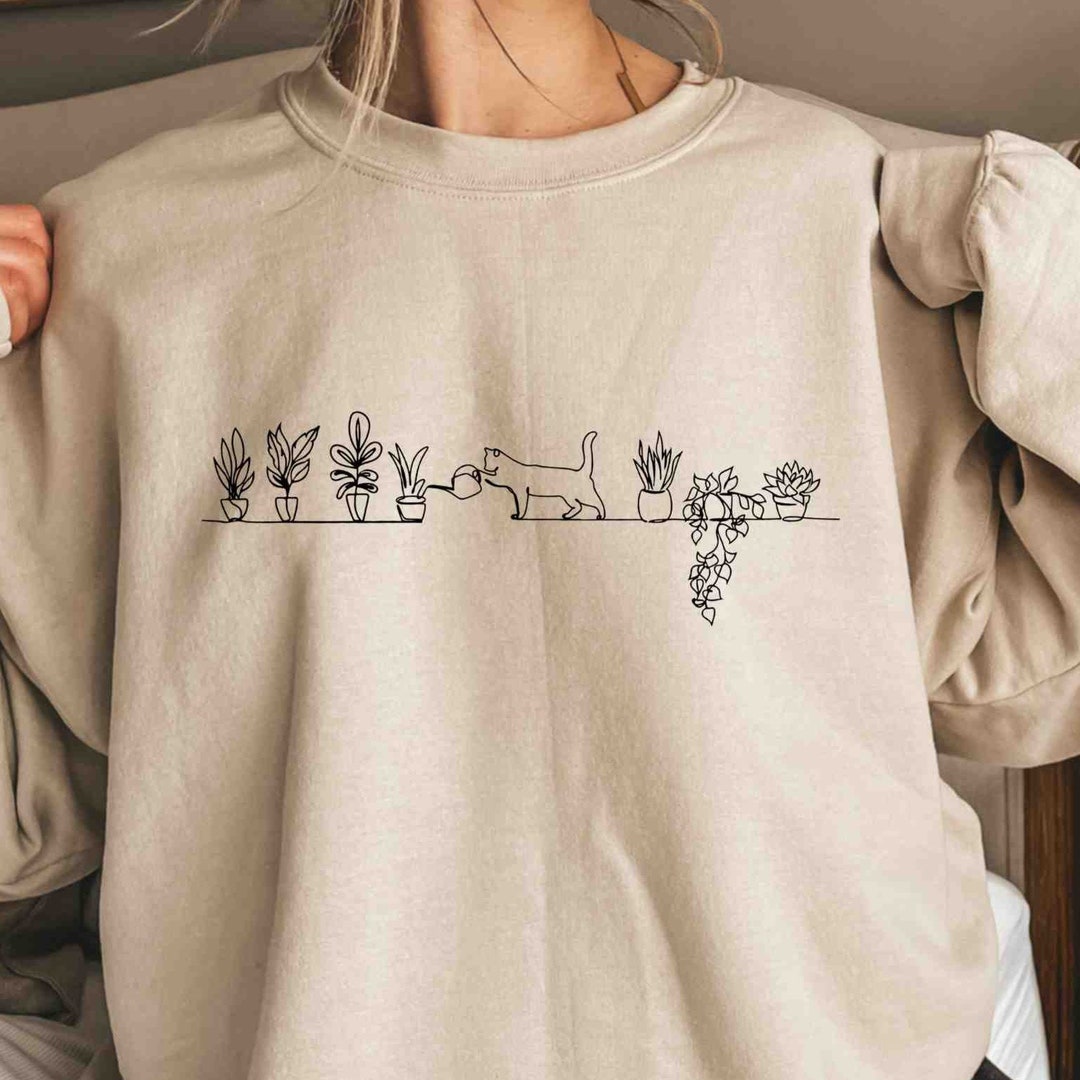 Cat Watering Plants Sweatshirt, Plant Lady Hoodie, Plants Sweatshirt