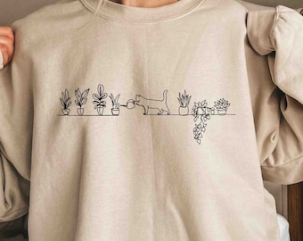 Cat Watering Plants Sweatshirt, Plant Lady Hoodie, Plants Sweatshirt, Gardening Sweatshirt, Succulents And Cat Hoodie,Cats and Plants Hoodie