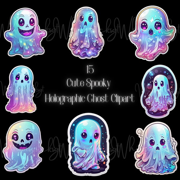 Cute Holographic Ghost Halloween Clipart Stickers Kawaii Ghost Stickers Clipart Hologram Designs for Cards Decors Sublimation Planners