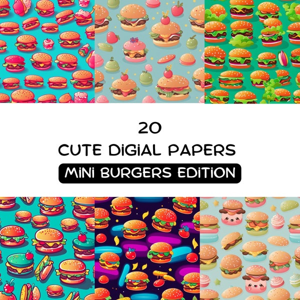 Cute Mini Burgers Digital Paper for Crafts - Cartoon Hamburger Seamless Pattern - Fast Food Art - Scrapbooking Materials - High Quality