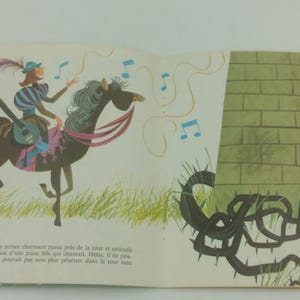 May include: Illustration from a children's book depicting a prince playing a lute on horseback. The prince wears a blue hat and striped clothing. Musical notes float in the air. A brick tower and thorny vines are also visible.