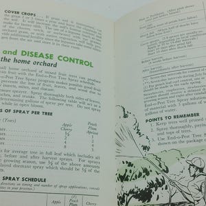 May include: Open book page with text about insect and disease control for home orchards. Includes a table with spray schedules and a diagram of a person spraying trees. The text is in black and green.