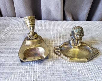 Vintage Brass Small Pair Sphinx and Egyptian Ashtray