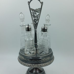 Vintage Silver Plate Etched Carousel Cruet Set with 5 Glass Bottles