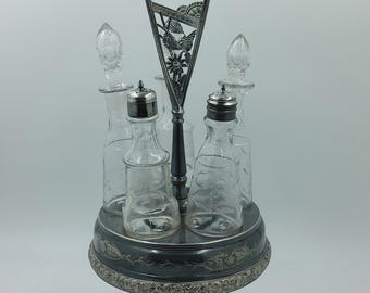 Vintage Silver Plate Etched Carousel Cruet Set with 5 Glass Bottles