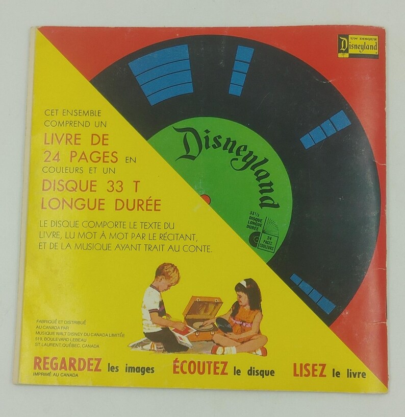 May include: Vintage Disneyland record album cover. The cover features a black record with a green label and the Disneyland logo. The cover is yellow and red with French text and illustrations of children. The text reads "Regardez les images, &Eacute;coutez le disque, Lisez le livre."