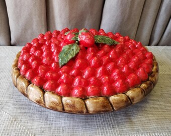 Vintage Portugal Ceramic Strawberry Pie Plate Keeper