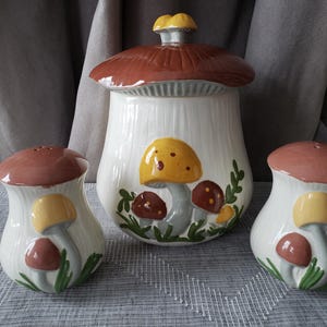 Vintage Arnel's Merry Mushroom Ceramic Canister and Salt and Pepper Shaker