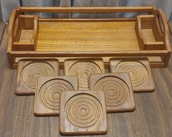 Ensemble de sous-verres vintage en teck avec un plateau