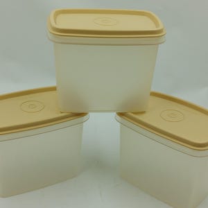 以下が含まれることがあります： ベージュの蓋が付いた透明なプラスチック容器が3つ。容器は長方形で、上部は丸みを帯びています。蓋の中央には小さな円があります。