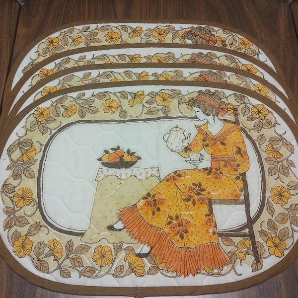 Vintage Quilted Oval Placemats Lady with Teapot Design - Set of 4