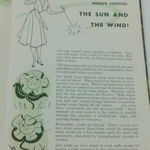 May include: An open book page with illustrations and text. The title "THE SUN AND THE WIND!" is displayed above a drawing of a fairy. Below are drawings of smiling flowers and text about gardening.