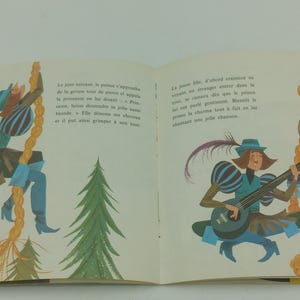 May include: An open book illustration with a fairytale theme. One page shows a figure climbing a rope, playing a guitar. The other page depicts a woman with long hair, a guitar, and a drum. Text is present.