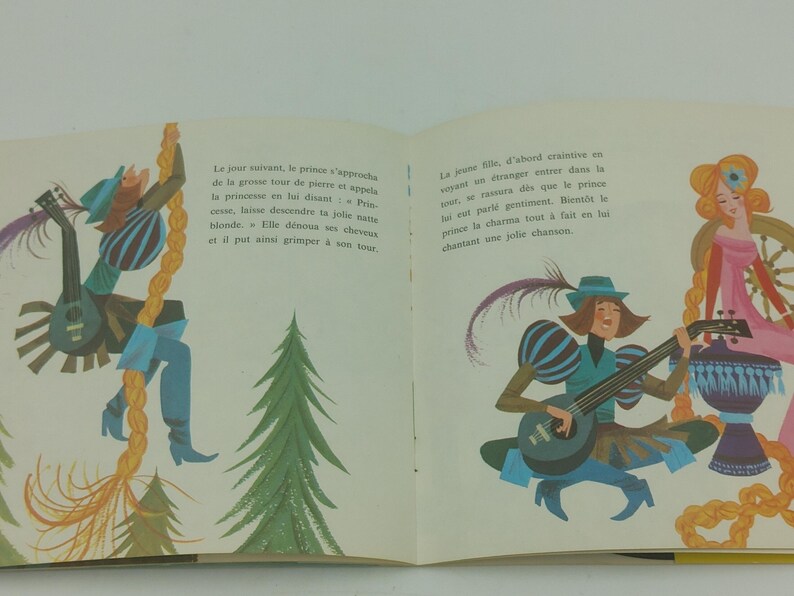 May include: An open book illustration with a fairytale theme. One page shows a figure climbing a rope, playing a guitar. The other page depicts a woman with long hair, a guitar, and a drum. Text is present.