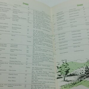 May include: Open book pages with a botanical illustration of trees. The left page lists tree names and details, while the right page features a green illustration of a house and trees. The word "trees" is at the top.