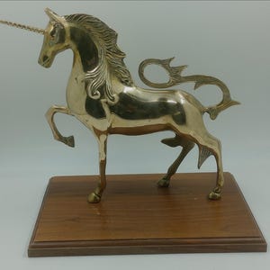 Vintage Brass Unicorn Statue Mounted on Wooden Base
