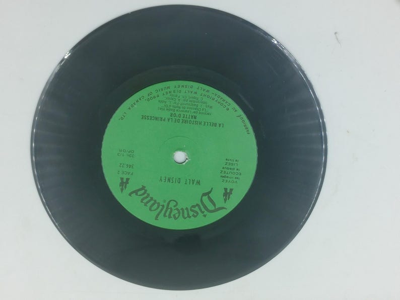 May include: A black vinyl record with a green label featuring the text "Disneyland" and "WALT DISNEY". The label also includes French text, including "LA BELLE HISTOIRE DE LA PRINCESSE".