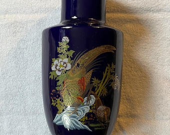 vintage cobalt blue/gold pheasant vase