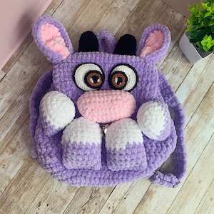 Handmade Lavender Cow Crochet Backpack – Plush Animal Bag with Black Horns, Pink Nose, and White Paws, Soft Kids Backpack
