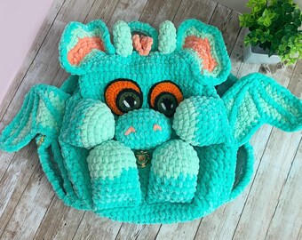 Handmade Green Dragon Crochet Backpack – Chenille Plush Bag with Wings, Horns, Ears
